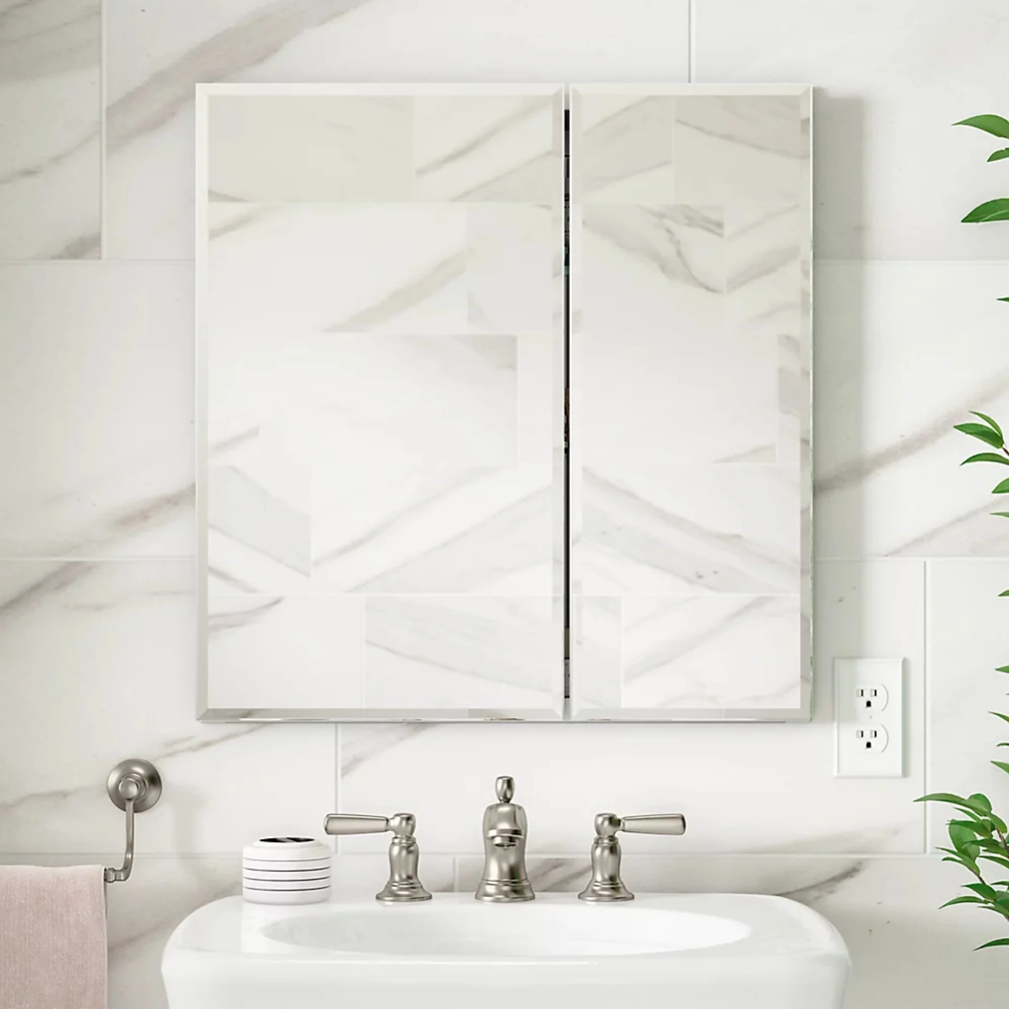 25 X 26 INCHES ALUMINUM TWO-DOOR MEDICINE CABINET WITH MIRRORED DOORS AND BEVELED EDGES - Image 2