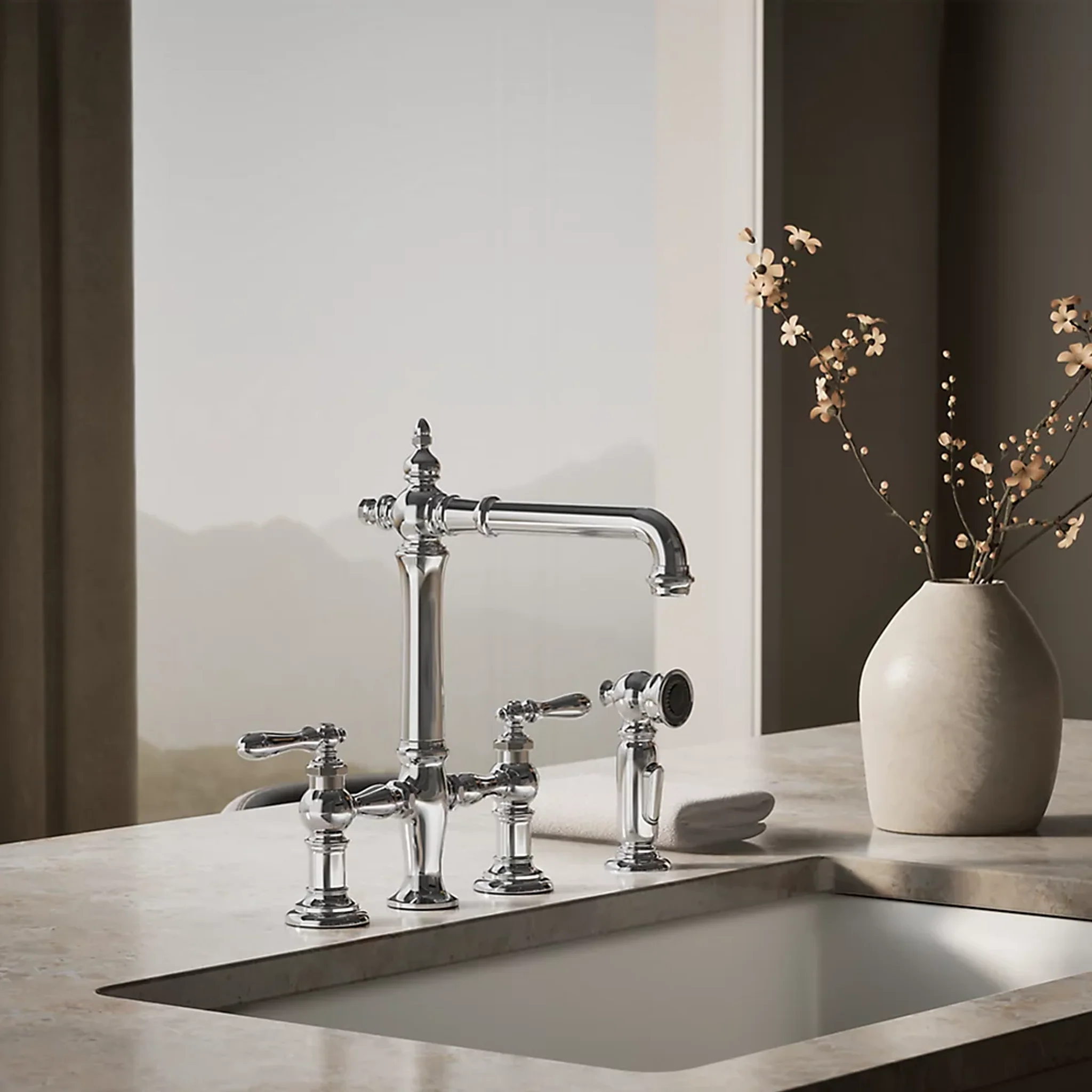 ARTIFACTS® DECK-MOUNT BRIDGE KITCHEN SINK FAUCET WITH LEVER HANDLES AND SIDESPRAY - Image 2