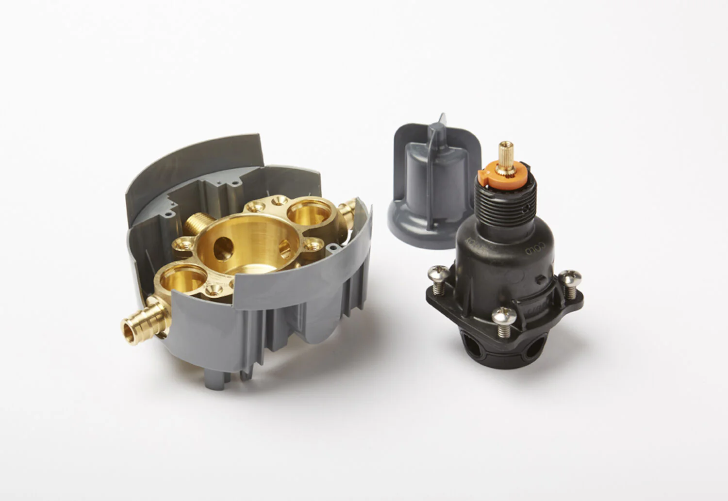 RITE-TEMP® PRESSURE-BALANCING VALVE BODY AND CARTRIDGE KIT WITH SERVICE STOPS AND PEX EXPANSION CONNECTIONS